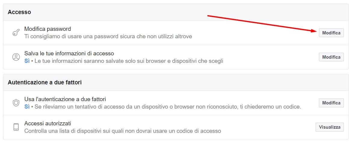 Come cambiare password Facebook