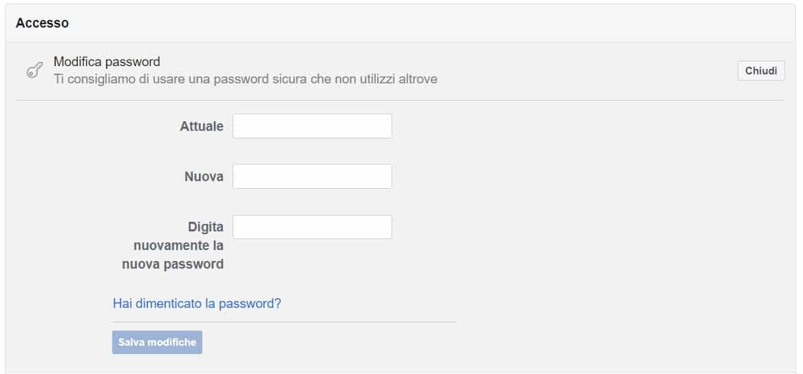 Come cambiare password Facebook
